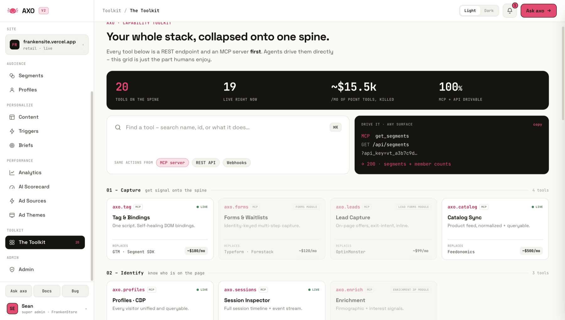 AXO toolkit screen listing what a team or an AI assistant can do