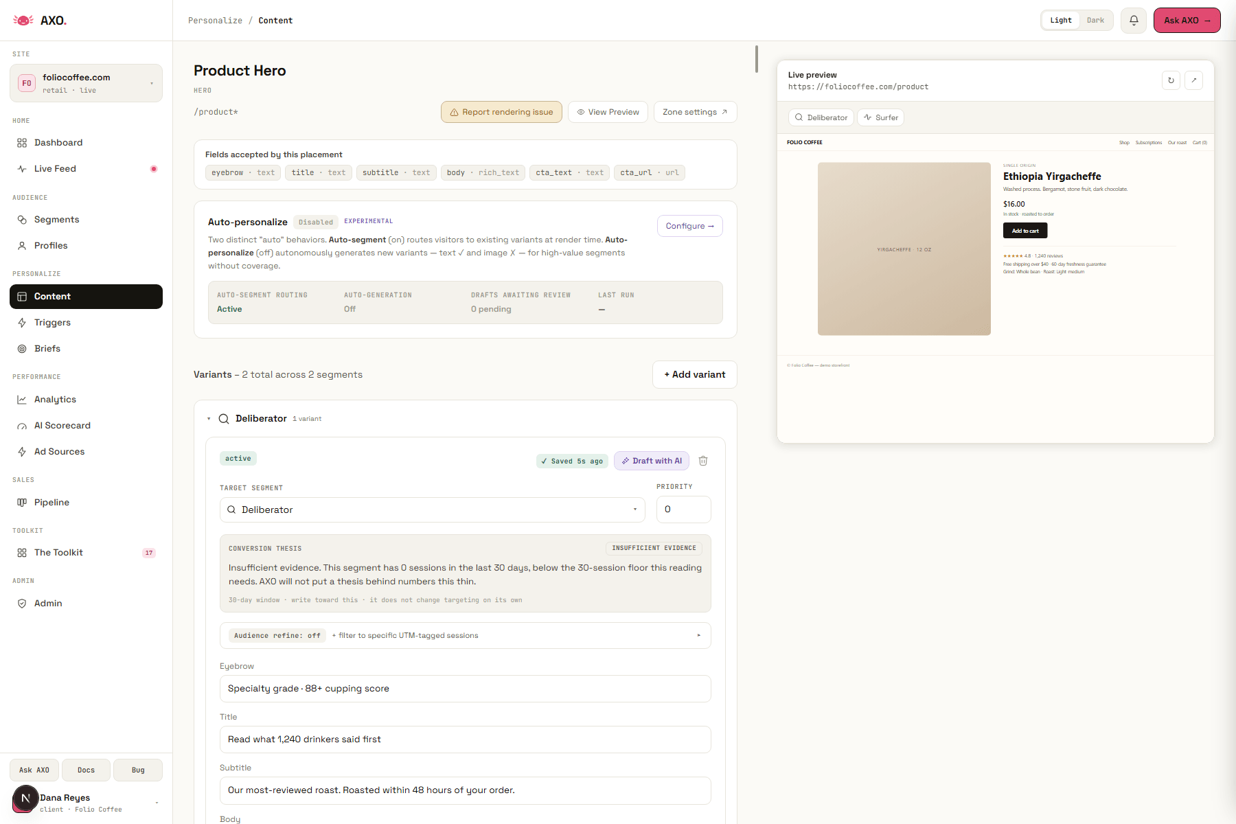 AXO editor showing a drafted page version waiting for approval